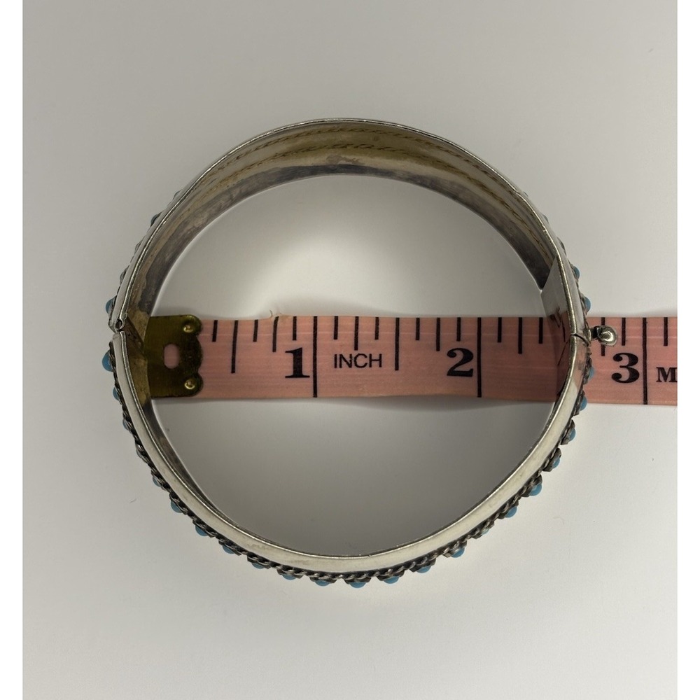 Vintage Taxco Mexico 900 Silver Turquoise Hinged Bangle Bracelet 20mm Wide - Picture 9 of 9